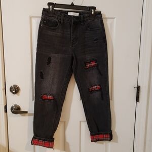 KanCan High Rise Straight Black Plaid patch